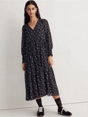 Madewell Black Floral V-Neck Tiered Maxi Dress